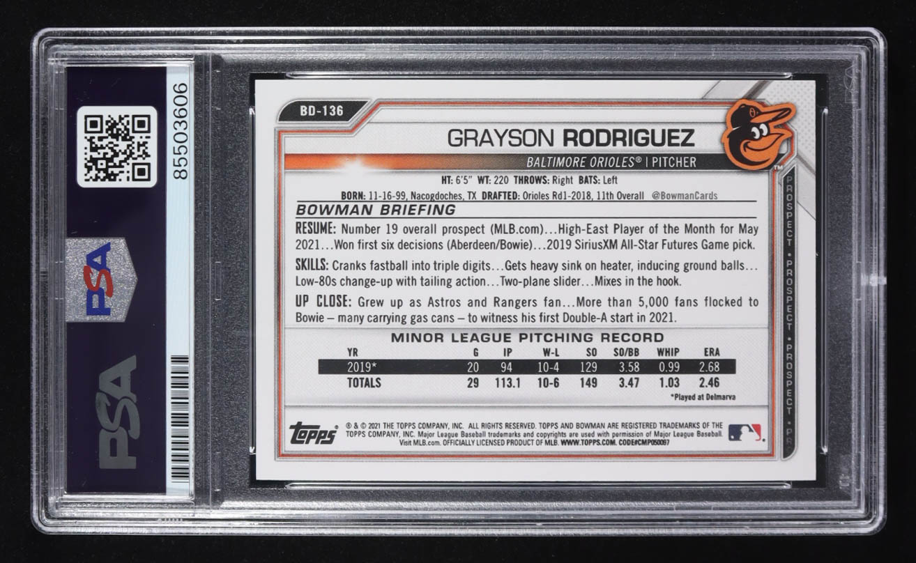 Grayson Rodriguez Signed 2021 Topps Trading Card 1st Edition #BD-136 RC (PSA | Autograph Grade PSA Authentic) at PristineAuction.com Grayson Rodriguez Signed 2021 Topps Trading Card 1st Edition #BD-136 RC (PSA | Autograph Grade PSA Authentic) at PristineAuction.com