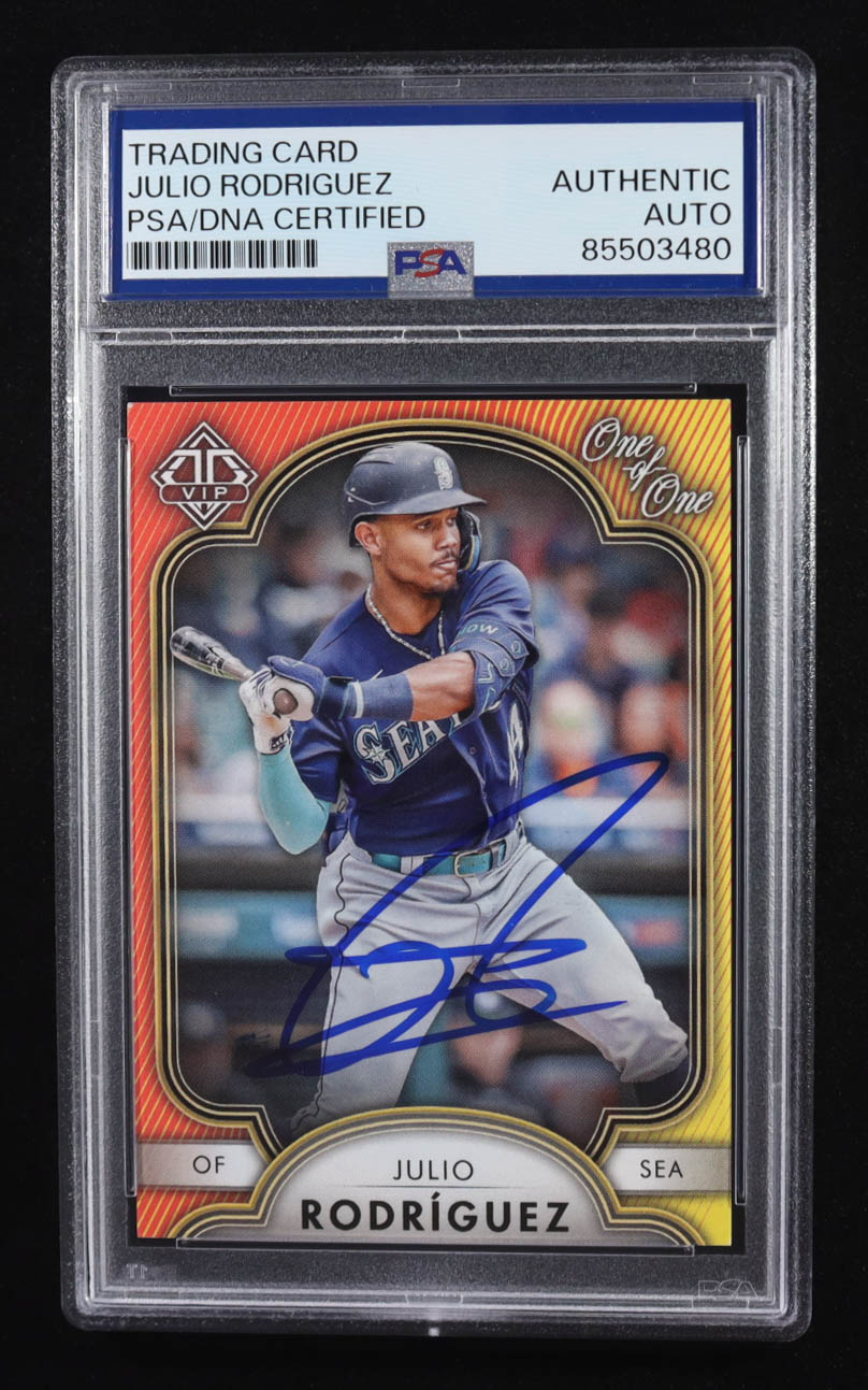 Julio Rodriguez Signed 2023 Topps Trading Card One of One Vip #98 (PSA | Autograph Graded PSA Authentic) at PristineAuction.com Julio Rodriguez Signed 2023 Topps Trading Card One of One Vip #98 (PSA | Autograph Graded PSA Authentic) at PristineAuction.com