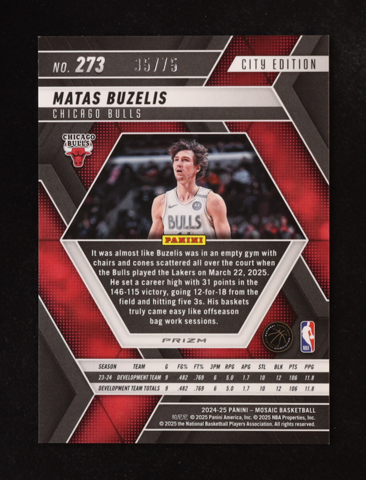 Matas Buzelis 2024-25 Panini Mosaic Mosaic Red Fluorescent City Edition #273 #35/75 RC at PristineAuction.com Matas Buzelis 2024-25 Panini Mosaic Mosaic Red Fluorescent City Edition #273 #35/75 RC at PristineAuction.com
