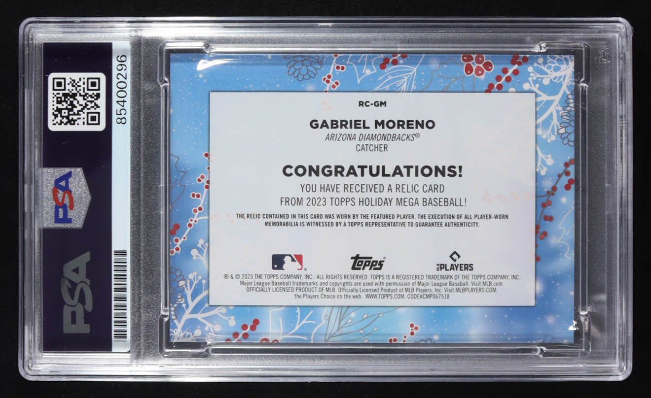 Gabriel Moreno Signed 2023 Topps Chrome Trading Card Player Worn Memorabilia #RC-GM RC (PSA | Autograph Graded PSA Authentic) at PristineAuction.com Gabriel Moreno Signed 2023 Topps Chrome Trading Card Player Worn Memorabilia #RC-GM RC (PSA | Autograph Graded PSA Authentic) at PristineAuction.com
