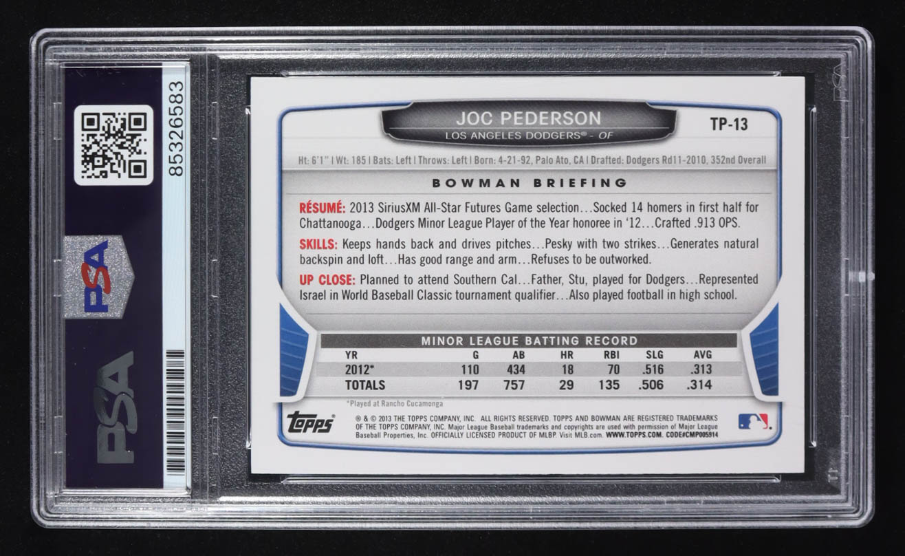Joc Pederson Signed 2013 Bowman Trading Card #TP-13 RC (PSA | Autograph Graded PSA Authentic) at PristineAuction.com Joc Pederson Signed 2013 Bowman Trading Card #TP-13 RC (PSA | Autograph Graded PSA Authentic) at PristineAuction.com