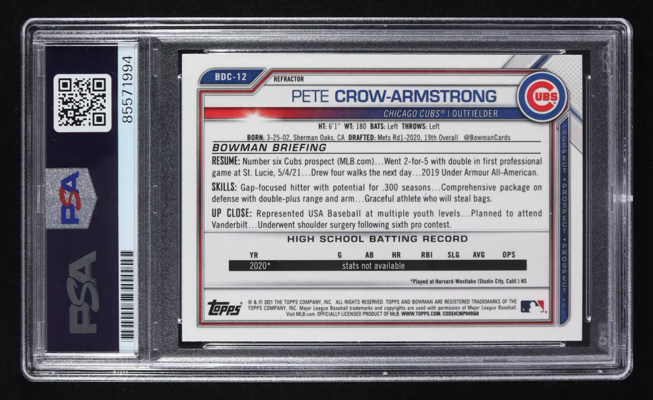 Pete Crow-Armstrong Signed 2021 Bowman Chrome Topps Refractor #BDC-12 RC (PSA) at PristineAuction.com Pete Crow-Armstrong Signed 2021 Bowman Chrome Topps Refractor #BDC-12 RC (PSA) at PristineAuction.com