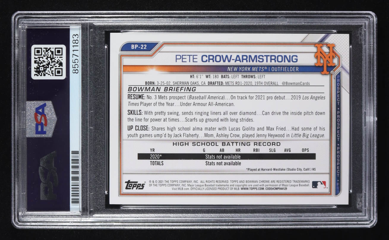 Pete Crow-Armstrong Signed 2021 Bowman Topps Trading Card #BP-22 RC (PSA | Autograph Graded 10) at PristineAuction.com Pete Crow-Armstrong Signed 2021 Bowman Topps Trading Card #BP-22 RC (PSA | Autograph Graded 10) at PristineAuction.com