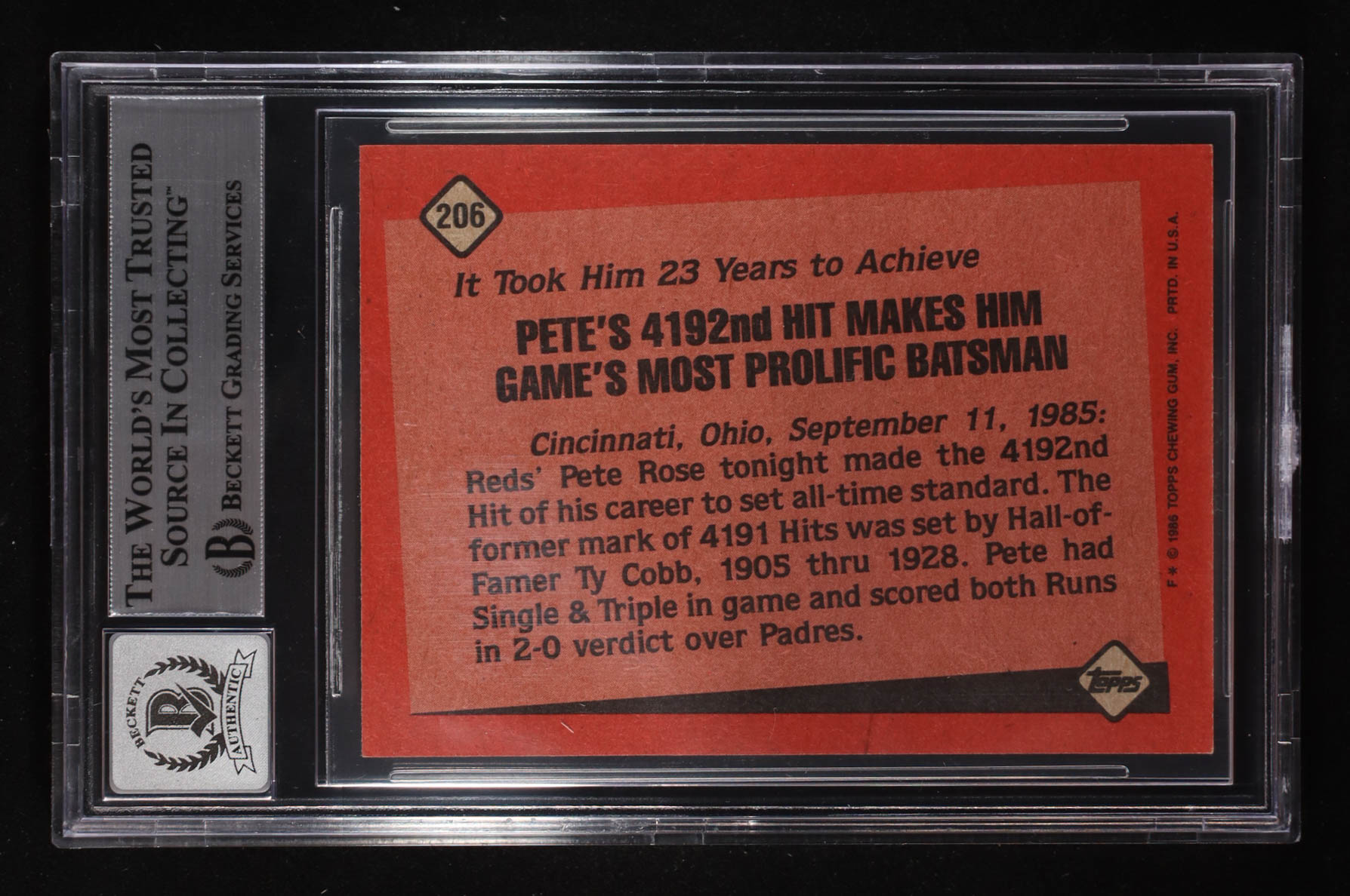 Pete Rose Signed 1986 Topps RB #206 (BGS | Auto 10) at PristineAuction.com Pete Rose Signed 1986 Topps RB #206 (BGS | Auto 10) at PristineAuction.com