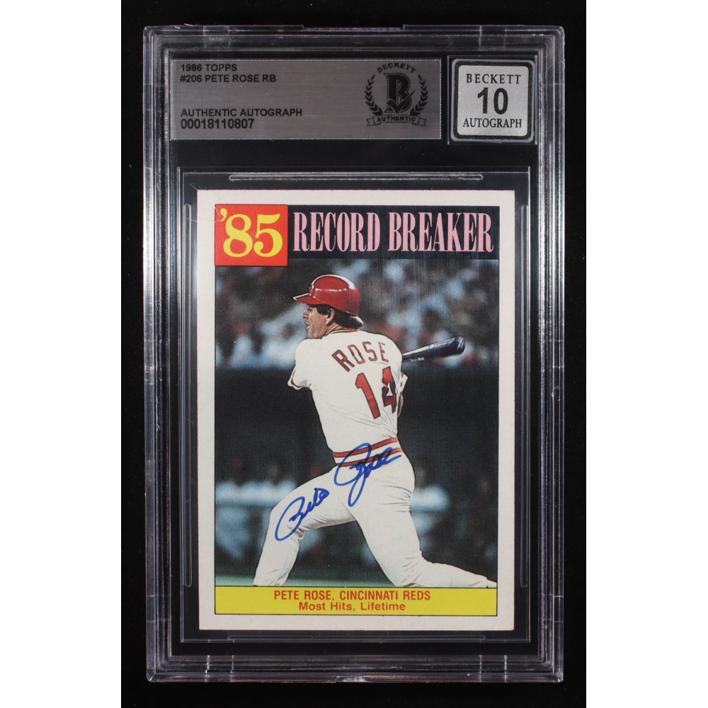 Pete Rose Signed 1986 Topps RB #206 (BGS | Auto 10) at PristineAuction.com Pete Rose Signed 1986 Topps RB #206 (BGS | Auto 10) at PristineAuction.com