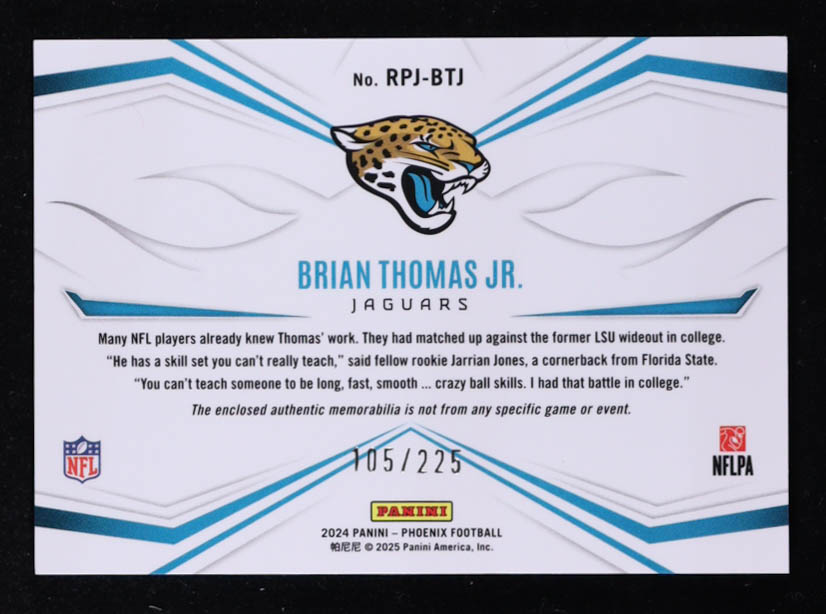 Brian Thomas Jr. 2024 Panini Phoenix Rookie Phenom Jerseys #8 #105/225 RC at PristineAuction.com Brian Thomas Jr. 2024 Panini Phoenix Rookie Phenom Jerseys #8 #105/225 RC at PristineAuction.com