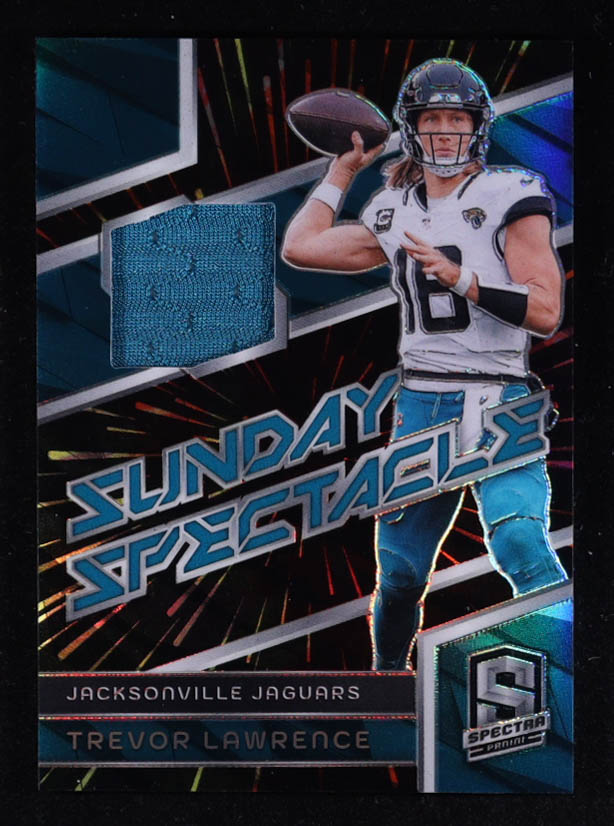 Trevor Lawrence 2024 Panini Spectra Sunday Spectacle Materials Hyper #8 #53/75 at PristineAuction.com Trevor Lawrence 2024 Panini Spectra Sunday Spectacle Materials Hyper #8 #53/75 at PristineAuction.com