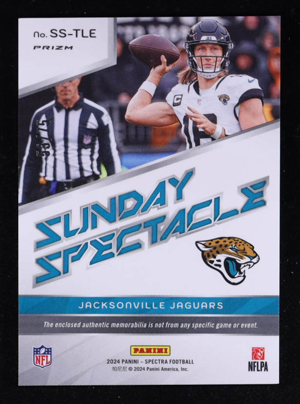 Trevor Lawrence 2024 Panini Spectra Sunday Spectacle Materials Hyper #8 #53/75 at PristineAuction.com Trevor Lawrence 2024 Panini Spectra Sunday Spectacle Materials Hyper #8 #53/75 at PristineAuction.com