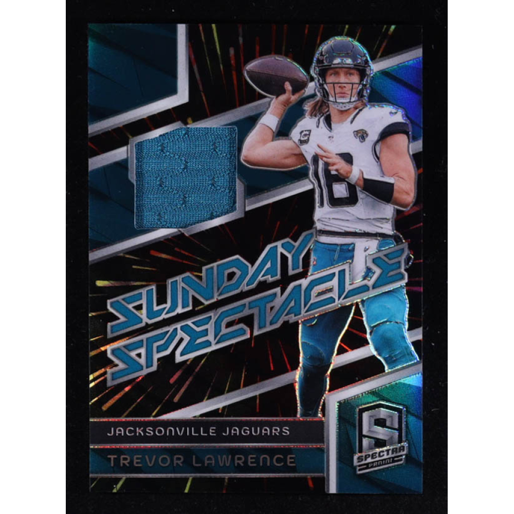 Trevor Lawrence 2024 Panini Spectra Sunday Spectacle Materials Hyper #8 #53/75 at PristineAuction.com Trevor Lawrence 2024 Panini Spectra Sunday Spectacle Materials Hyper #8 #53/75 at PristineAuction.com