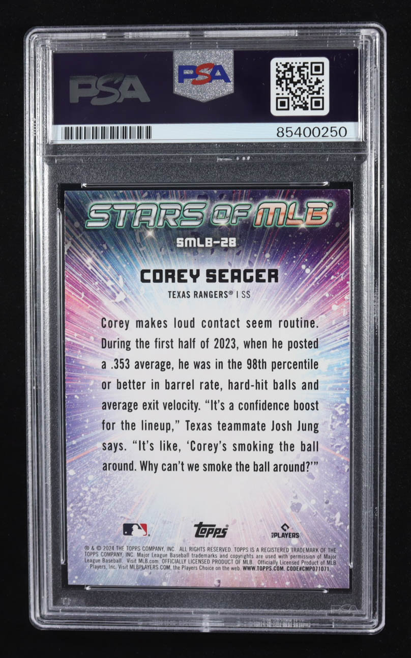 Corey Seager Signed 2024 Topps Stars Of MLB Trading Card #SMLB-28 (PSA | Autograph Graded PSA Authentic) at PristineAuction.com Corey Seager Signed 2024 Topps Stars Of MLB Trading Card #SMLB-28 (PSA | Autograph Graded PSA Authentic) at PristineAuction.com