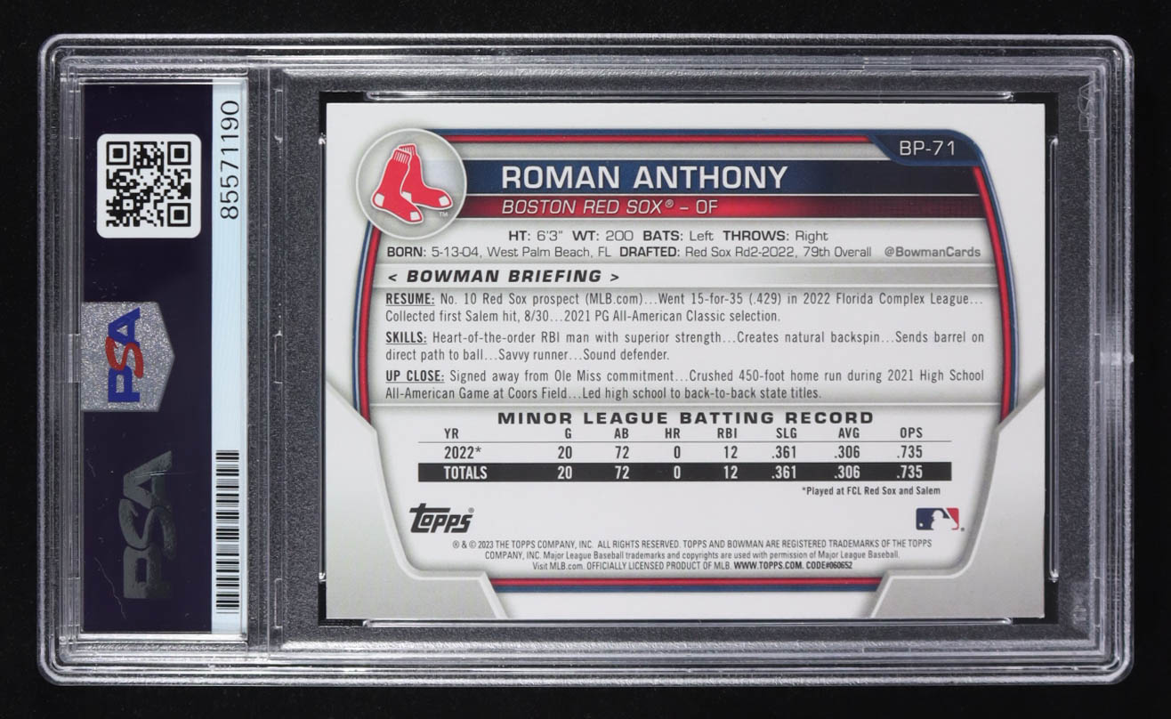 Roman Anthony Signed 2023 Topps Bowman 1st #BP-71 RC (PSA | Autograph Graded 10) at PristineAuction.com Roman Anthony Signed 2023 Topps Bowman 1st #BP-71 RC (PSA | Autograph Graded 10) at PristineAuction.com