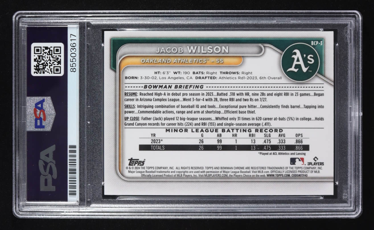 Jacob Wilson Signed 2024 Topps Bowman Chrome Trading Card #BCP-3 RC (PSA | Autograph Graded PSA Authentic) at PristineAuction.com Jacob Wilson Signed 2024 Topps Bowman Chrome Trading Card #BCP-3 RC (PSA | Autograph Graded PSA Authentic) at PristineAuction.com