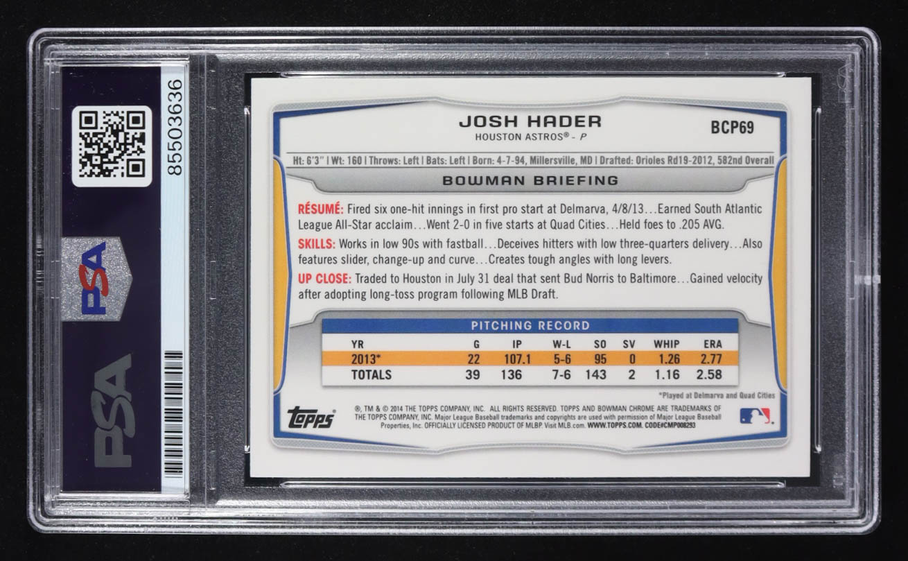 Josh Hader Signed 2014 Topps Bowman Chrome Trading Card #BCP69 (PSA | Autograph Graded PSA Authentic) at PristineAuction.com Josh Hader Signed 2014 Topps Bowman Chrome Trading Card #BCP69 (PSA | Autograph Graded PSA Authentic) at PristineAuction.com
