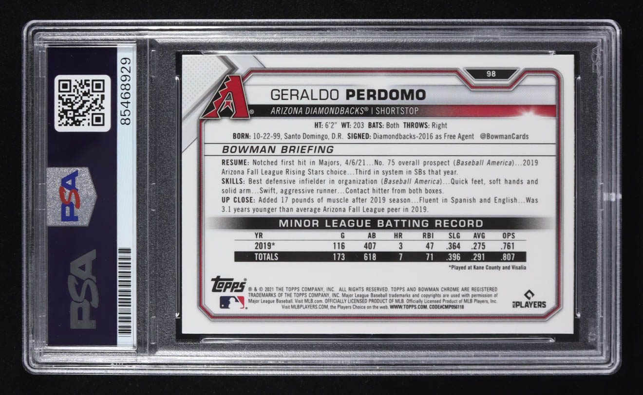 Geraldo Perdomo Signed 2021 Topps Bowman Chrome Trading Card #98 RC (PSA | Autograph Graded PSA Authentic) at PristineAuction.com Geraldo Perdomo Signed 2021 Topps Bowman Chrome Trading Card #98 RC (PSA | Autograph Graded PSA Authentic) at PristineAuction.com