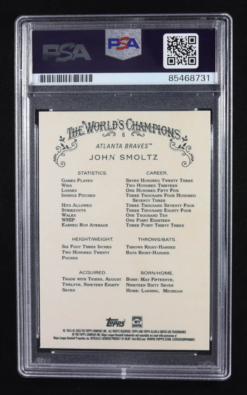 John Smoltz Signed 2020 Topps Allen & Ginter The World's Champions Trading Card #6 (PSA | Autograph Graded PSA Authentic) at PristineAuction.com John Smoltz Signed 2020 Topps Allen & Ginter The World's Champions Trading Card #6 (PSA | Autograph Graded PSA Authentic) at PristineAuction.com
