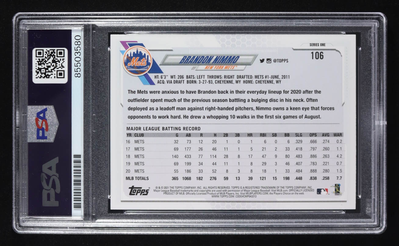 Brandon Nimmo Signed 2021 Topps Trading Card #106 (PSA | Autograph Graded PSA Authentic) at PristineAuction.com Brandon Nimmo Signed 2021 Topps Trading Card #106 (PSA | Autograph Graded PSA Authentic) at PristineAuction.com