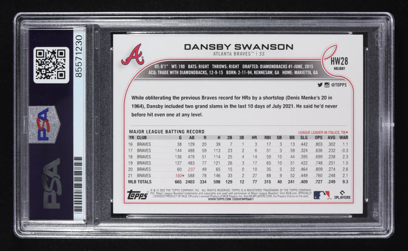 Dansby Swanson Signed 2022 Topps Trading Card Holiday #HW28 (PSA | Autograph Graded 10) at PristineAuction.com Dansby Swanson Signed 2022 Topps Trading Card Holiday #HW28 (PSA | Autograph Graded 10) at PristineAuction.com