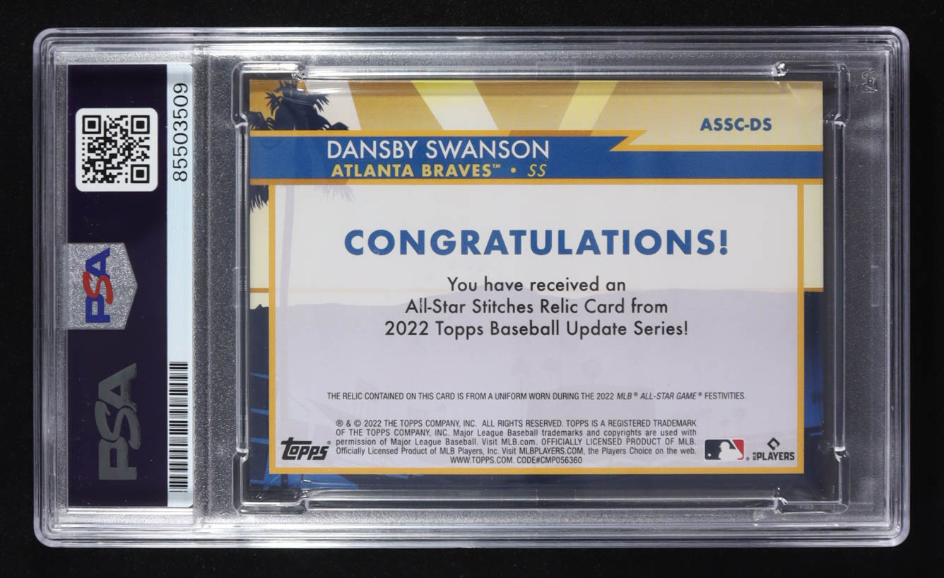 Dansby Swanson Signed 2022 Topps Event Worn Memorabilia Trading Card All Star Stiches Relic #ASSC-DS (PSA | Autograph Graded PSA Authentic) at PristineAuction.com Dansby Swanson Signed 2022 Topps Event Worn Memorabilia Trading Card All Star Stiches Relic #ASSC-DS (PSA | Autograph Graded PSA Authentic) at PristineAuction.com
