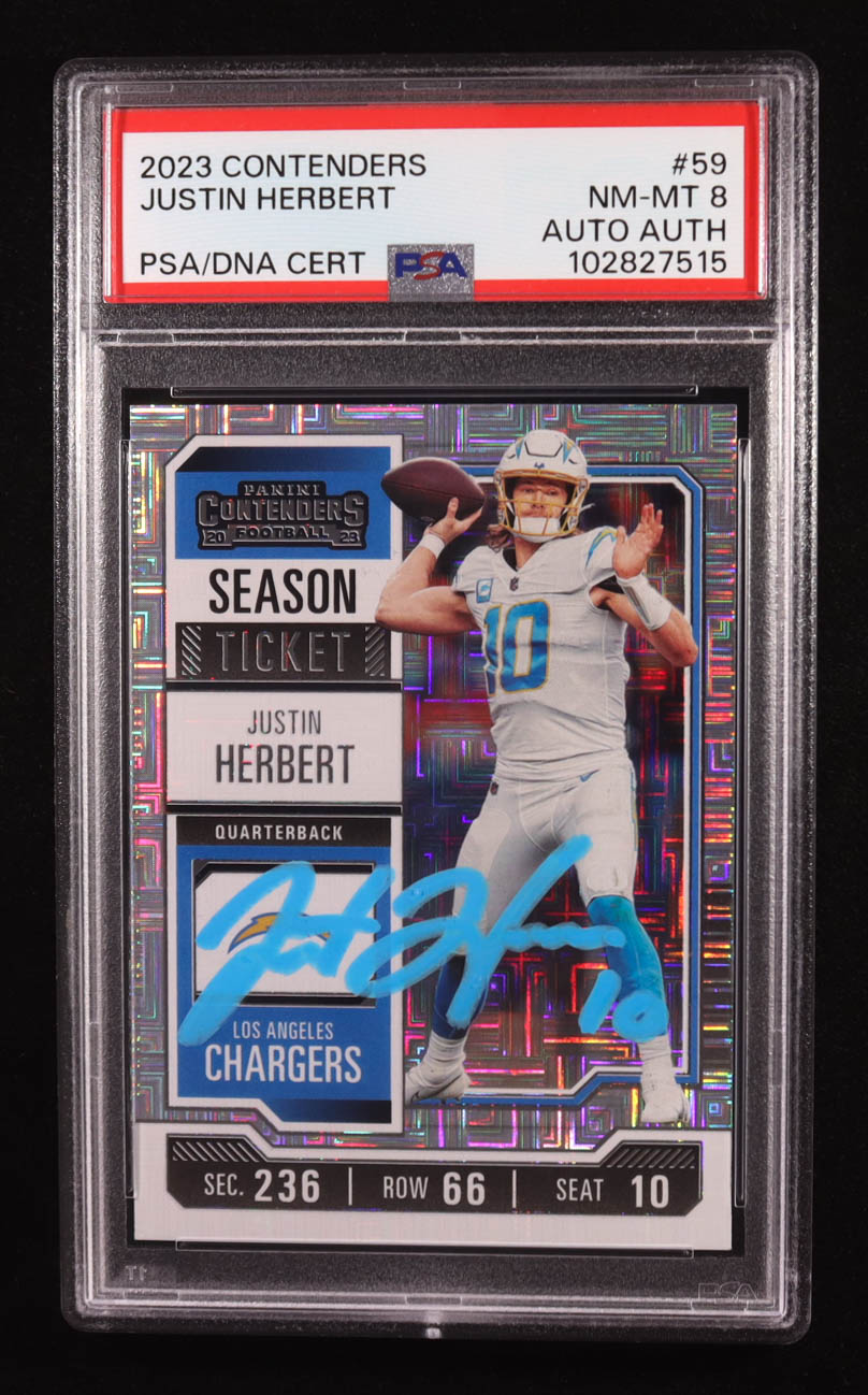 Justin Herbert Signed 2023 Panini Contenders Season Ticket Trading Card #59 (PSA 8 | Autograph Graded PSA Authentic) at PristineAuction.com Justin Herbert Signed 2023 Panini Contenders Season Ticket Trading Card #59 (PSA 8 | Autograph Graded PSA Authentic) at PristineAuction.com