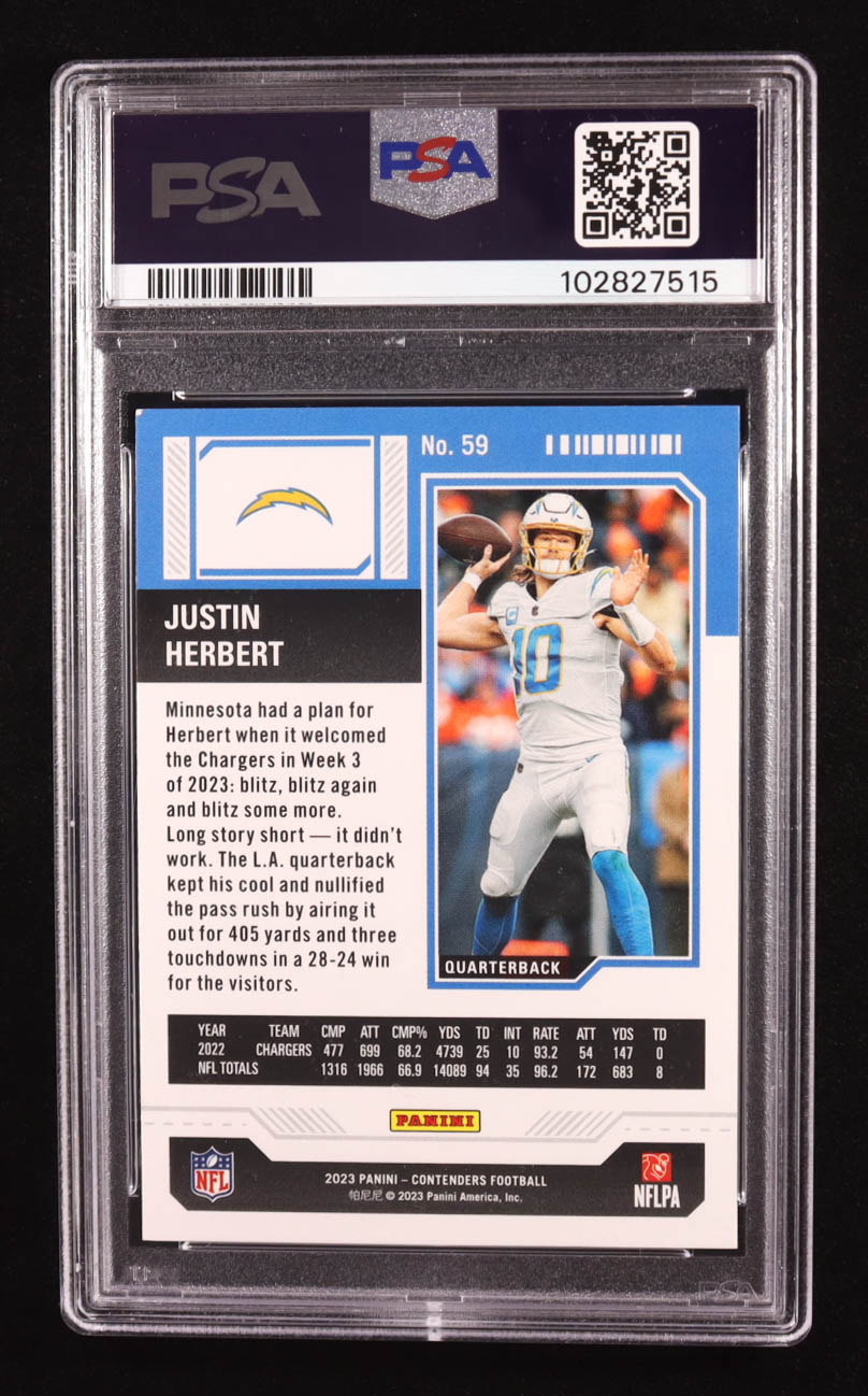 Justin Herbert Signed 2023 Panini Contenders Season Ticket Trading Card #59 (PSA 8 | Autograph Graded PSA Authentic) at PristineAuction.com Justin Herbert Signed 2023 Panini Contenders Season Ticket Trading Card #59 (PSA 8 | Autograph Graded PSA Authentic) at PristineAuction.com