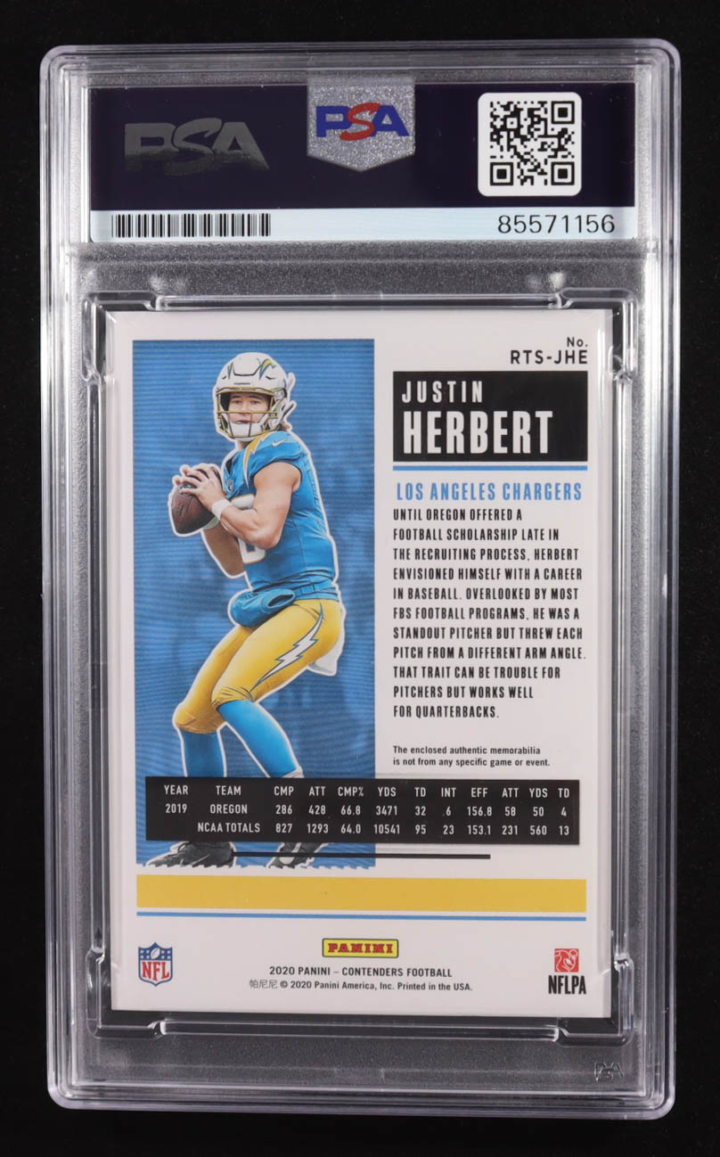 Justin Herbert Signed 2020 Panini Contenders Rookie Ticket Trading Card #RTS-JHE RC (PSA | Autograph Graded 10) at PristineAuction.com Justin Herbert Signed 2020 Panini Contenders Rookie Ticket Trading Card #RTS-JHE RC (PSA | Autograph Graded 10) at PristineAuction.com