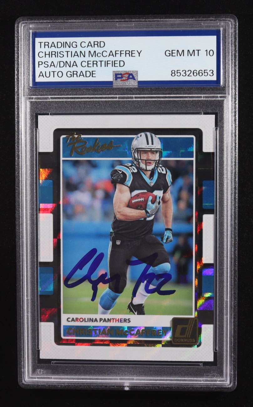 Christian McCaffrey Signed 2017 Panini Donruss The Rookies Trading Card #5 RC (PSA | Autograph Graded 10) at PristineAuction.com Christian McCaffrey Signed 2017 Panini Donruss The Rookies Trading Card #5 RC (PSA | Autograph Graded 10) at PristineAuction.com