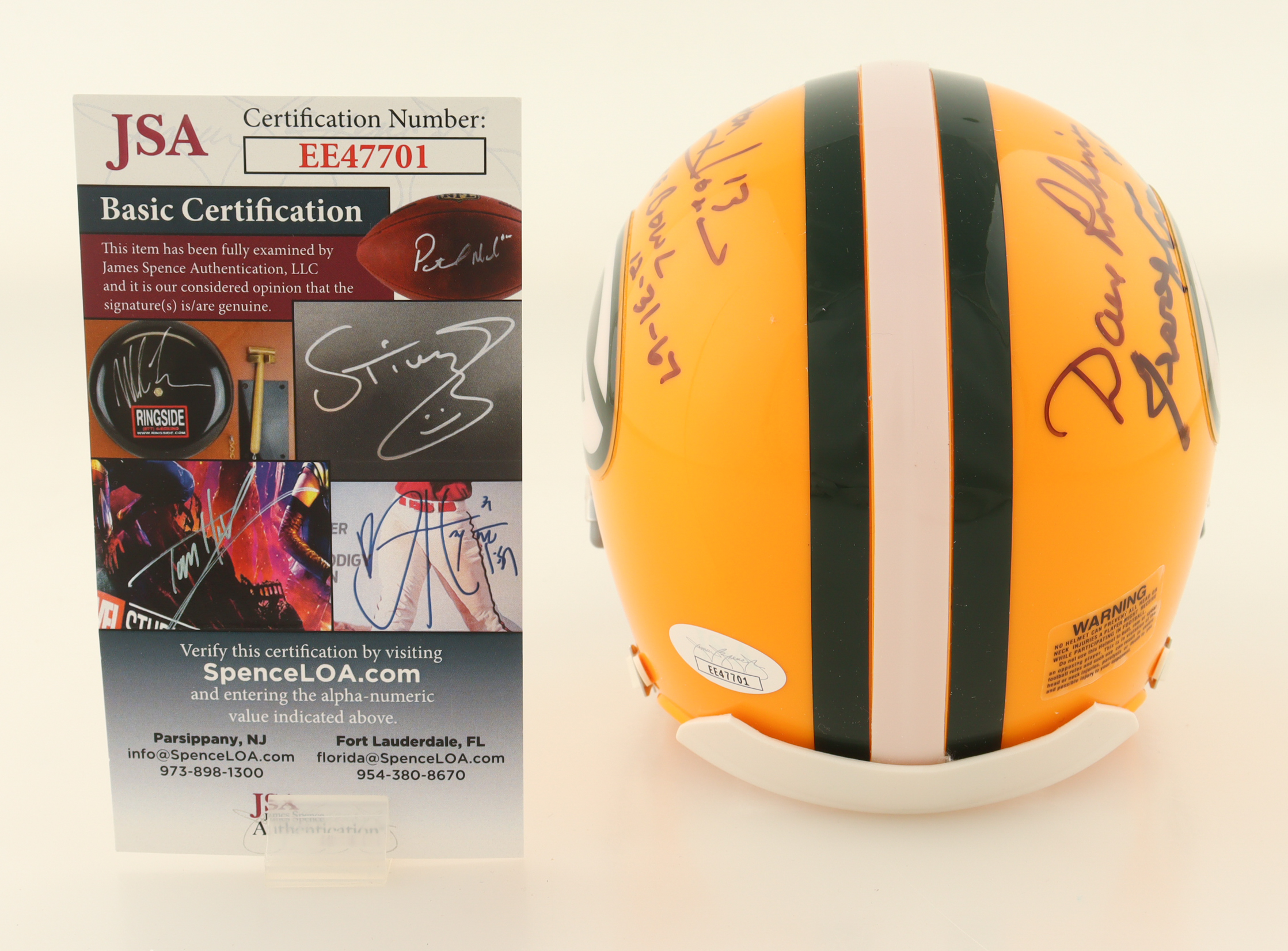 Packers Mini Helmet Signed by (4) with Carroll Dale, Dave Robinson, Jerry Kramer & Don Horn Inscribed "Ice Bowl 12-31-67" (JSA) at PristineAuction.com Packers Mini Helmet Signed by (4) with Carroll Dale, Dave Robinson, Jerry Kramer & Don Horn Inscribed "Ice Bowl 12-31-67" (JSA) at PristineAuction.com