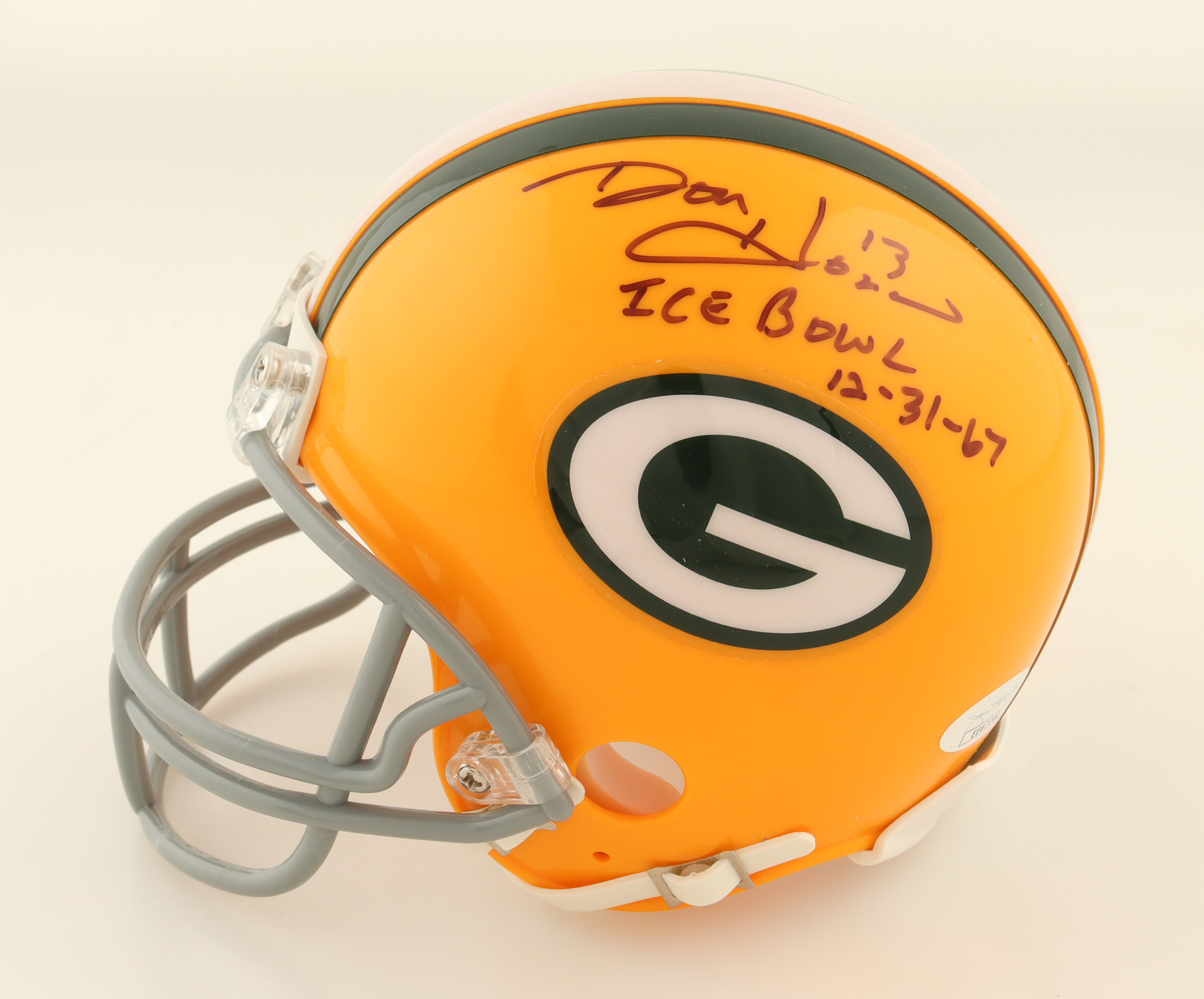 Packers Mini Helmet Signed by (4) with Carroll Dale, Dave Robinson, Jerry Kramer & Don Horn Inscribed "Ice Bowl 12-31-67" (JSA) at PristineAuction.com Packers Mini Helmet Signed by (4) with Carroll Dale, Dave Robinson, Jerry Kramer & Don Horn Inscribed "Ice Bowl 12-31-67" (JSA) at PristineAuction.com