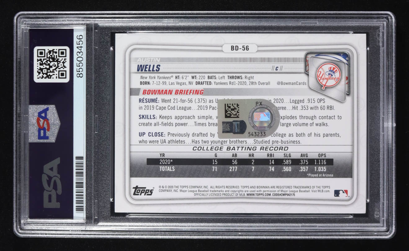 Austin Wells Signed 2020 Topps 1st Bowman Trading Card #BD-56 RC (PSA | Autograph Graded PSA Authentic) at PristineAuction.com Austin Wells Signed 2020 Topps 1st Bowman Trading Card #BD-56 RC (PSA | Autograph Graded PSA Authentic) at PristineAuction.com