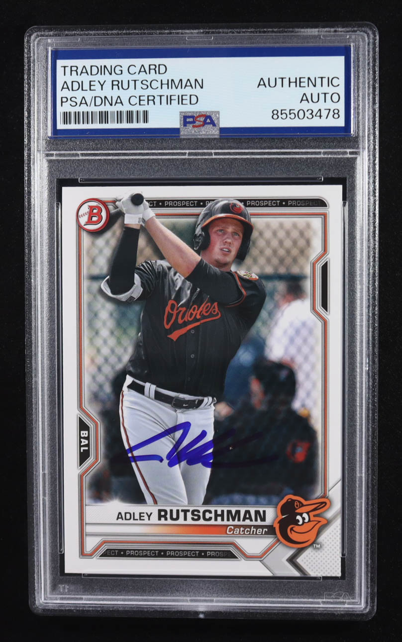 Adley Rutschman Signed 2021 Topps Bowman Trading Card #BP-121 RC (PSA | Autograph Graded PSA Authentic) at PristineAuction.com Adley Rutschman Signed 2021 Topps Bowman Trading Card #BP-121 RC (PSA | Autograph Graded PSA Authentic) at PristineAuction.com