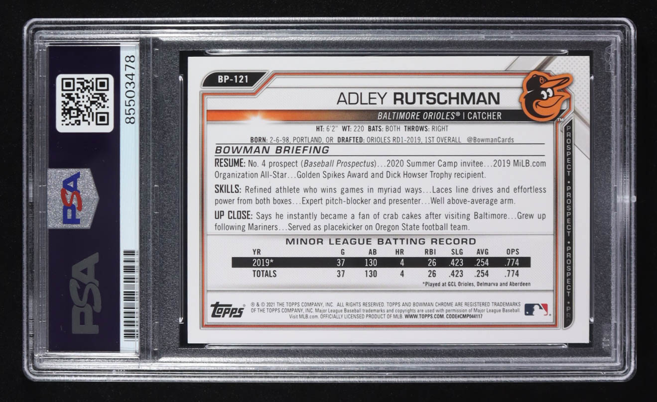 Adley Rutschman Signed 2021 Topps Bowman Trading Card #BP-121 RC (PSA | Autograph Graded PSA Authentic) at PristineAuction.com Adley Rutschman Signed 2021 Topps Bowman Trading Card #BP-121 RC (PSA | Autograph Graded PSA Authentic) at PristineAuction.com