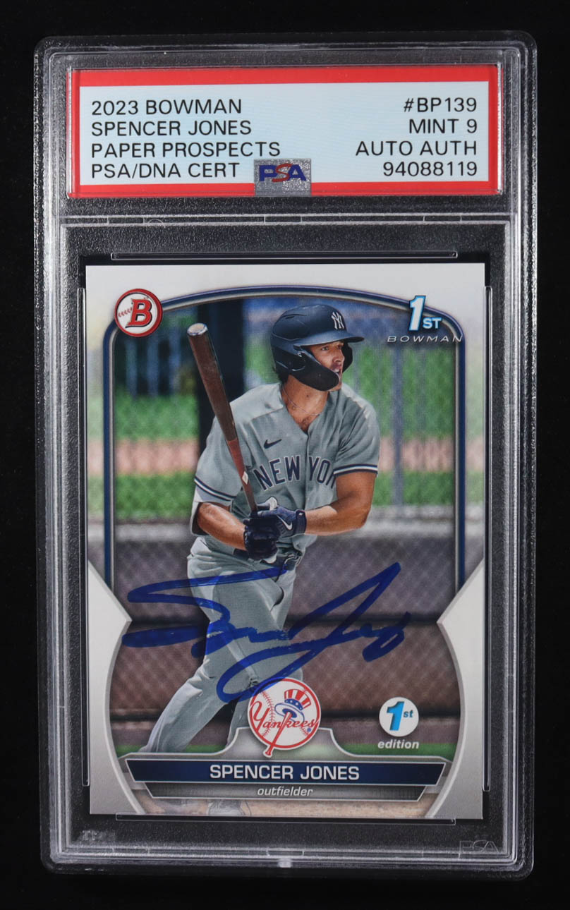 Spencer Jones Signed 2023 Bowman 1st Edition Topps Trading Card #BP139 RC (PSA 9 | Autograph Graded PSA Authentic) at PristineAuction.com Spencer Jones Signed 2023 Bowman 1st Edition Topps Trading Card #BP139 RC (PSA 9 | Autograph Graded PSA Authentic) at PristineAuction.com