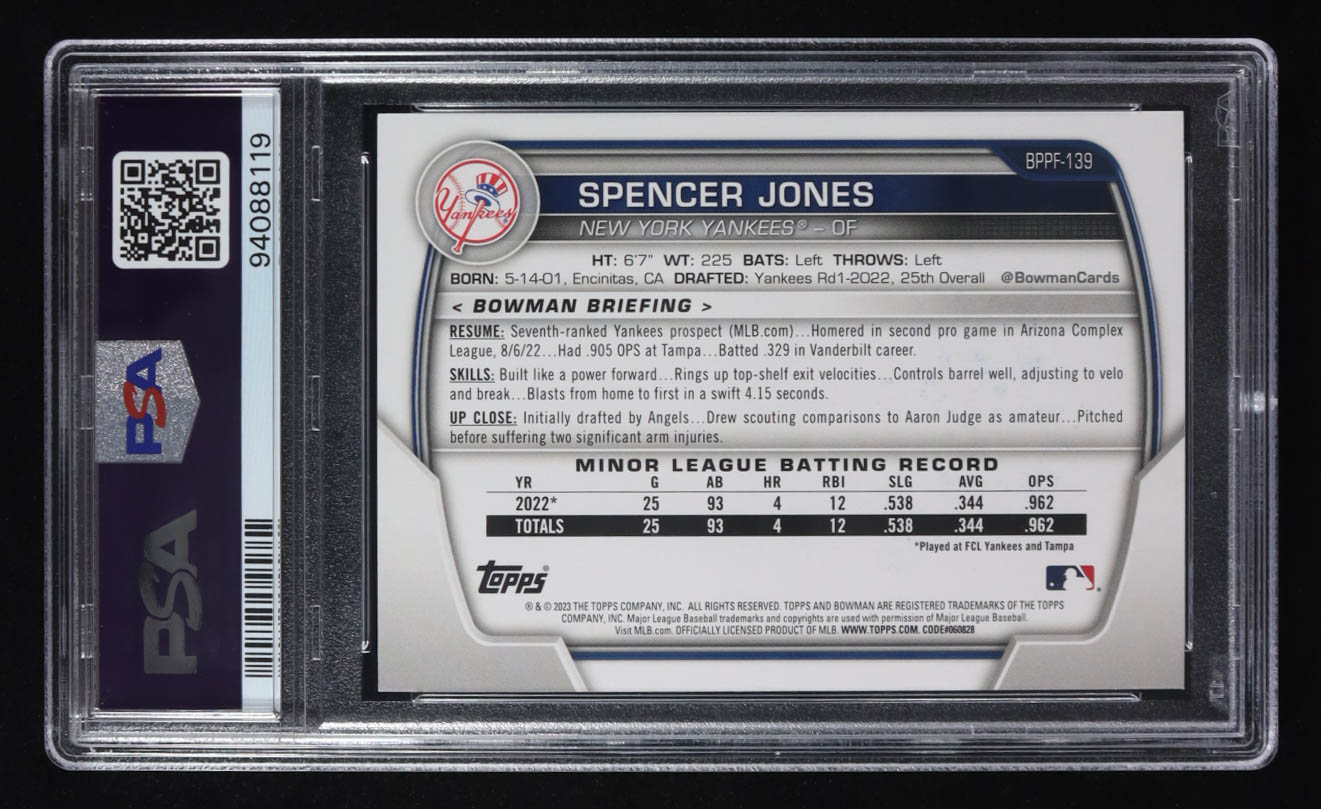 Spencer Jones Signed 2023 Bowman 1st Edition Topps Trading Card #BP139 RC (PSA 9 | Autograph Graded PSA Authentic) at PristineAuction.com Spencer Jones Signed 2023 Bowman 1st Edition Topps Trading Card #BP139 RC (PSA 9 | Autograph Graded PSA Authentic) at PristineAuction.com