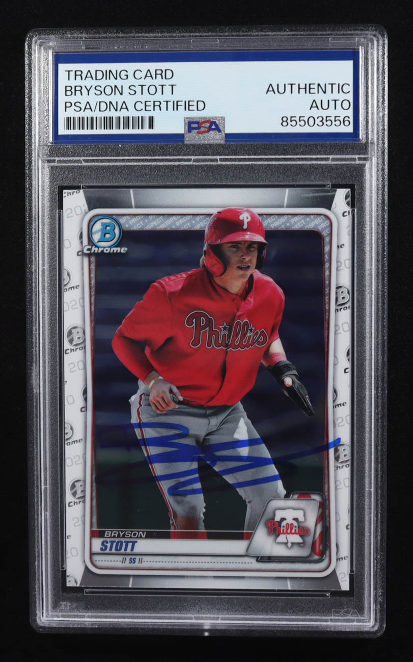 Bryson Stott Signed 2023 Bowman Chrome Topps Trading Card #BCP-68 RC (PSA | Autograph Graded PSA Authentic) at PristineAuction.com Bryson Stott Signed 2023 Bowman Chrome Topps Trading Card #BCP-68 RC (PSA | Autograph Graded PSA Authentic) at PristineAuction.com