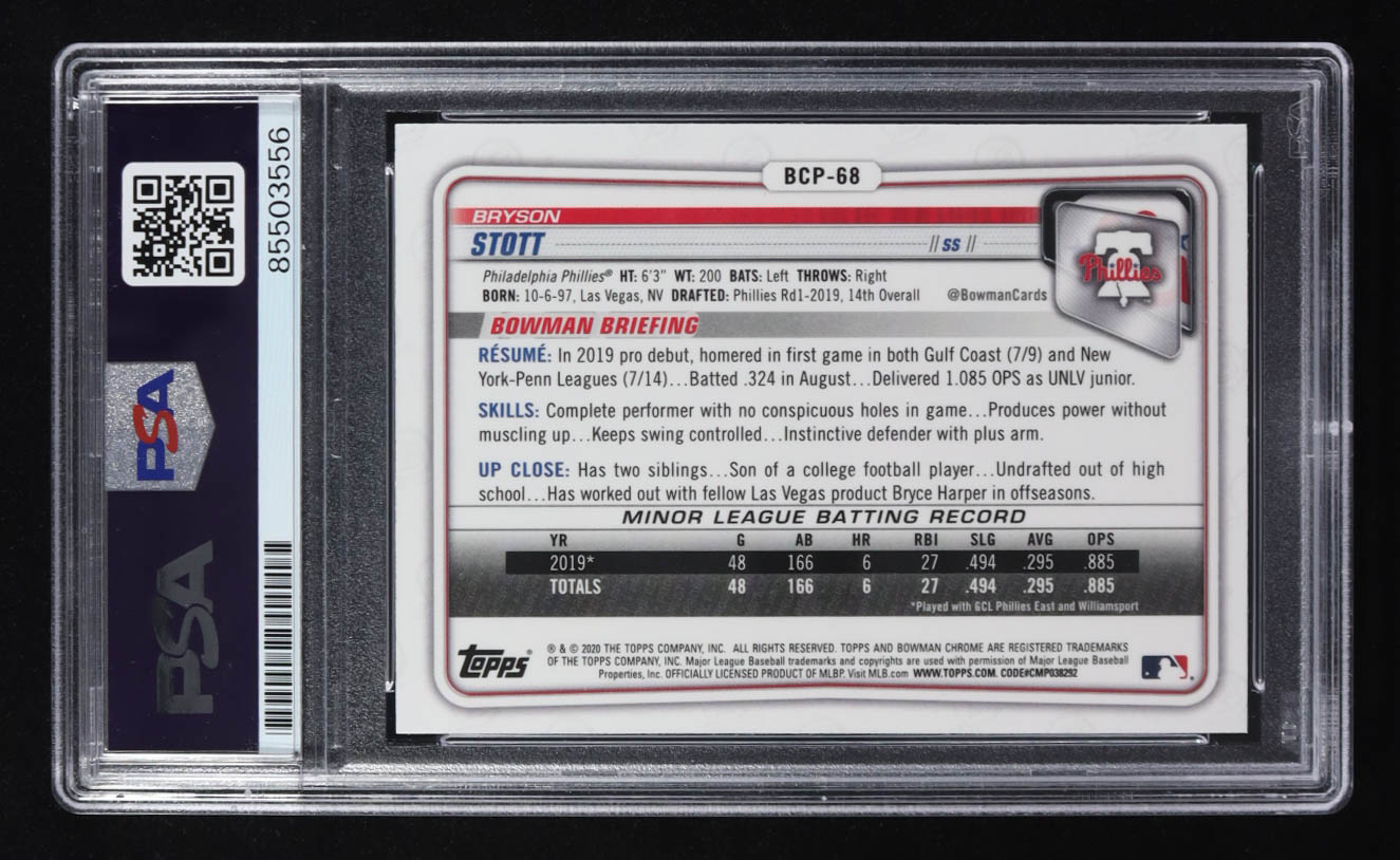 Bryson Stott Signed 2023 Bowman Chrome Topps Trading Card #BCP-68 RC (PSA | Autograph Graded PSA Authentic) at PristineAuction.com Bryson Stott Signed 2023 Bowman Chrome Topps Trading Card #BCP-68 RC (PSA | Autograph Graded PSA Authentic) at PristineAuction.com