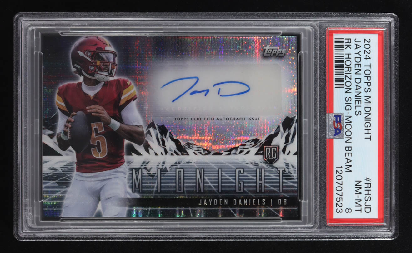 Jayden Daniels 2024 Topps Midnight Rookie Horizon Signatures Moon Beam #RHSJD RC (PSA 8) at PristineAuction.com Jayden Daniels 2024 Topps Midnight Rookie Horizon Signatures Moon Beam #RHSJD RC (PSA 8) at PristineAuction.com