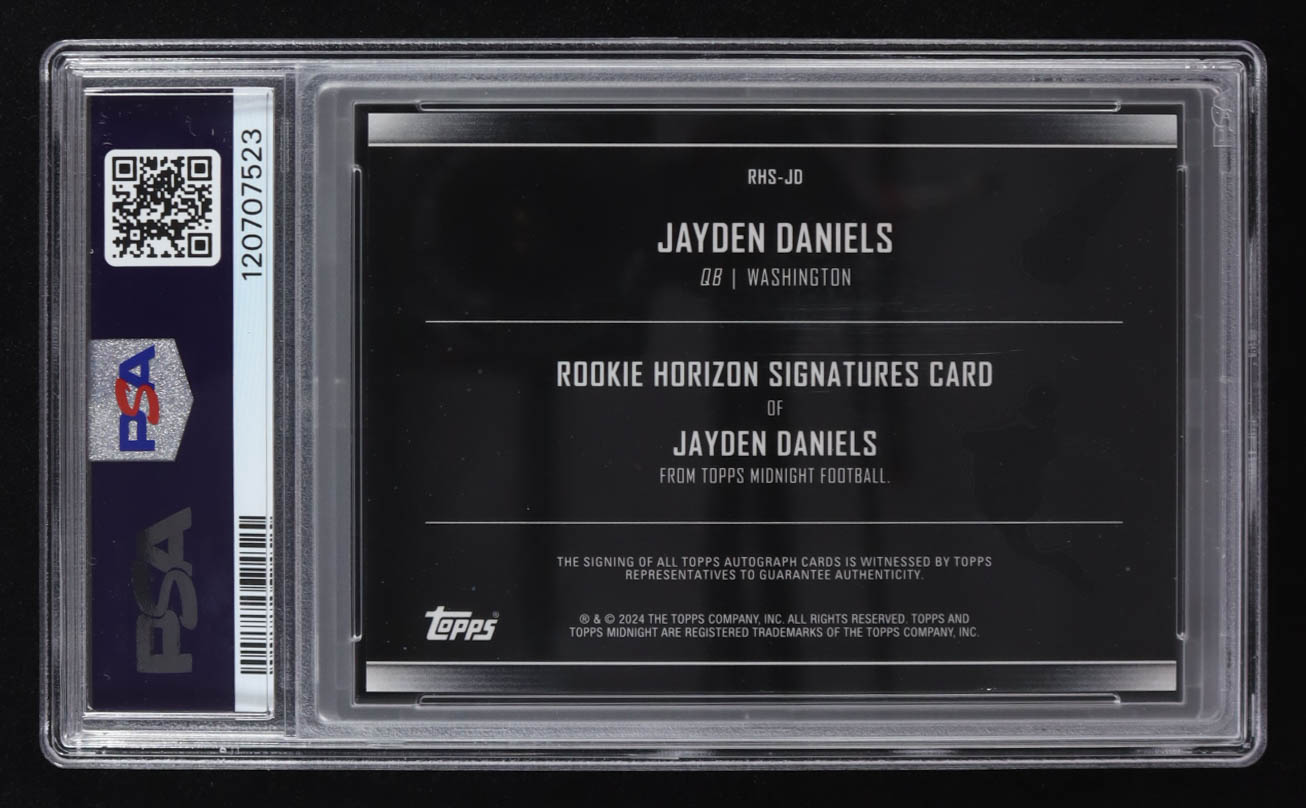 Jayden Daniels 2024 Topps Midnight Rookie Horizon Signatures Moon Beam #RHSJD RC (PSA 8) at PristineAuction.com Jayden Daniels 2024 Topps Midnight Rookie Horizon Signatures Moon Beam #RHSJD RC (PSA 8) at PristineAuction.com