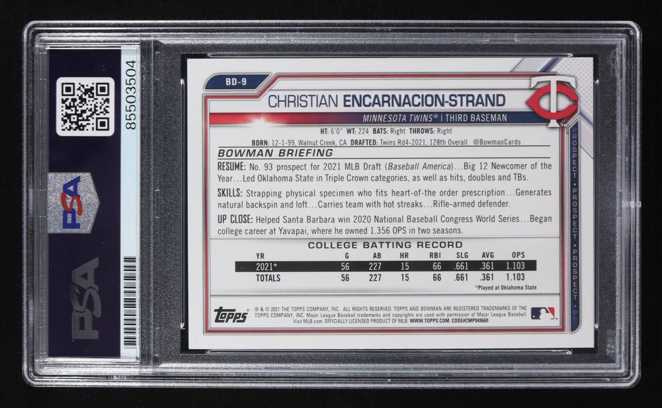 Christian Encarnacion-Strand Signed 2021 Topps 1st Bowman Trading Card #BD-9 RC (PSA | Autograph Graded PSA Authentic) at PristineAuction.com Christian Encarnacion-Strand Signed 2021 Topps 1st Bowman Trading Card #BD-9 RC (PSA | Autograph Graded PSA Authentic) at PristineAuction.com