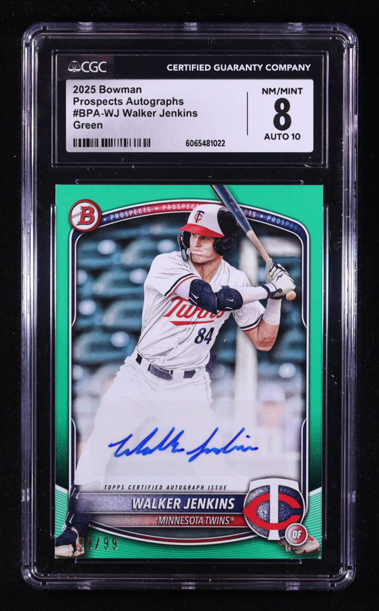 Walker Jenkins 2025 Bowman Prospects Autographs #BPA-WJ Green #99/99 (CGC 8 | Autograph Grade 10) at PristineAuction.com Walker Jenkins 2025 Bowman Prospects Autographs #BPA-WJ Green #99/99 (CGC 8 | Autograph Grade 10) at PristineAuction.com