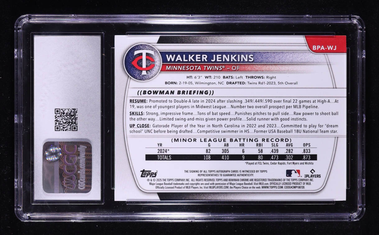 Walker Jenkins 2025 Bowman Prospects Autographs #BPA-WJ Green #99/99 (CGC 8 | Autograph Grade 10) at PristineAuction.com Walker Jenkins 2025 Bowman Prospects Autographs #BPA-WJ Green #99/99 (CGC 8 | Autograph Grade 10) at PristineAuction.com