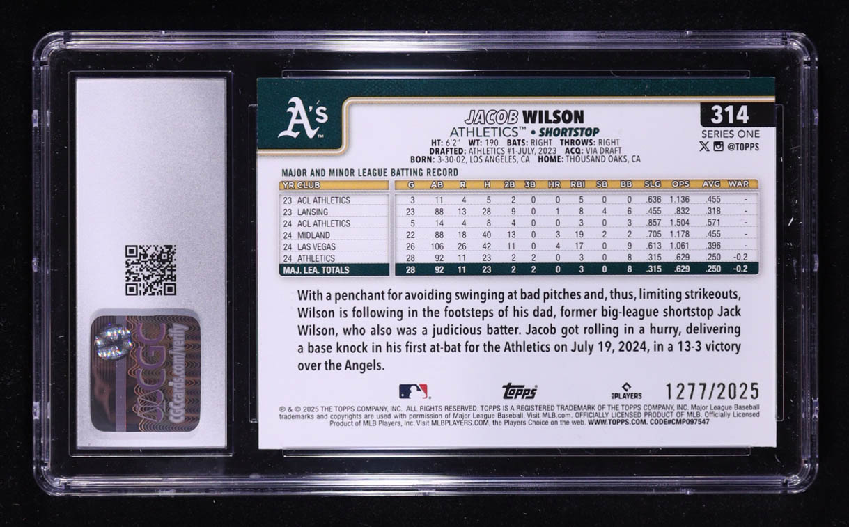 Jacob Wilson 2025 Topps Gold #314 RC #1277/2025 (CGC 9) at PristineAuction.com Jacob Wilson 2025 Topps Gold #314 RC #1277/2025 (CGC 9) at PristineAuction.com