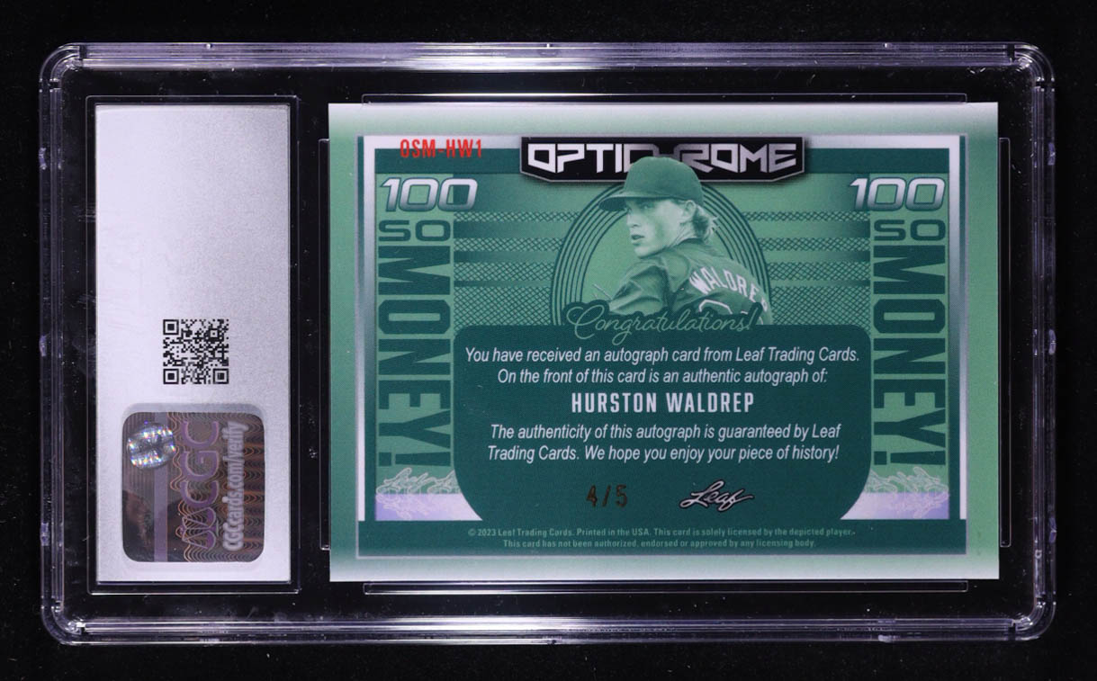 Hurston Waldrep 2023 Leaf Electric Optichrome So Money! Autos Silver Crystals #OSN-HW1 RC #4/5 (CGC 10 | Autograph Grade 9) at PristineAuction.com Hurston Waldrep 2023 Leaf Electric Optichrome So Money! Autos Silver Crystals #OSN-HW1 RC #4/5 (CGC 10 | Autograph Grade 9) at PristineAuction.com