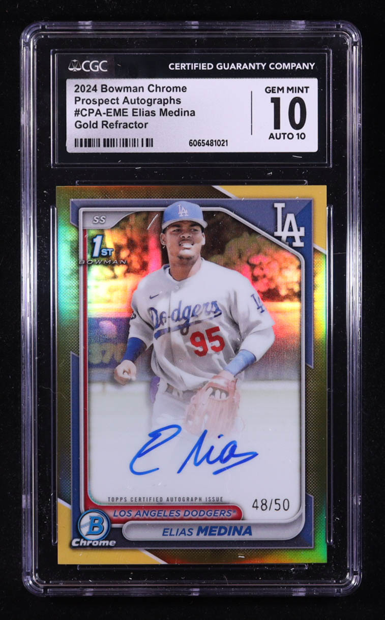 Elias Medina 2024 Bowman Chrome Prospect Autographs Topps Gold Refractor #CPA-EME RC #48/50 (CGC 10 | Autograph Grade 10) at PristineAuction.com Elias Medina 2024 Bowman Chrome Prospect Autographs Topps Gold Refractor #CPA-EME RC #48/50 (CGC 10 | Autograph Grade 10) at PristineAuction.com
