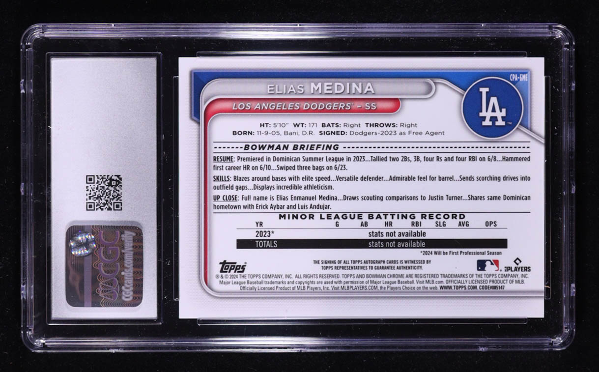 Elias Medina 2024 Bowman Chrome Prospect Autographs Topps Gold Refractor #CPA-EME RC #48/50 (CGC 10 | Autograph Grade 10) at PristineAuction.com Elias Medina 2024 Bowman Chrome Prospect Autographs Topps Gold Refractor #CPA-EME RC #48/50 (CGC 10 | Autograph Grade 10) at PristineAuction.com