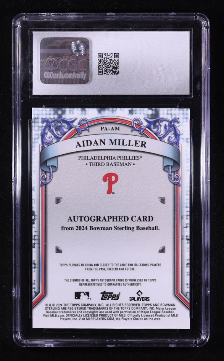 Aidan Miller 2024 Bowman Topps Sterling Prospect Autographs #PA-AM RC (CGC 8 | Autograph Grade 10) at PristineAuction.com Aidan Miller 2024 Bowman Topps Sterling Prospect Autographs #PA-AM RC (CGC 8 | Autograph Grade 10) at PristineAuction.com