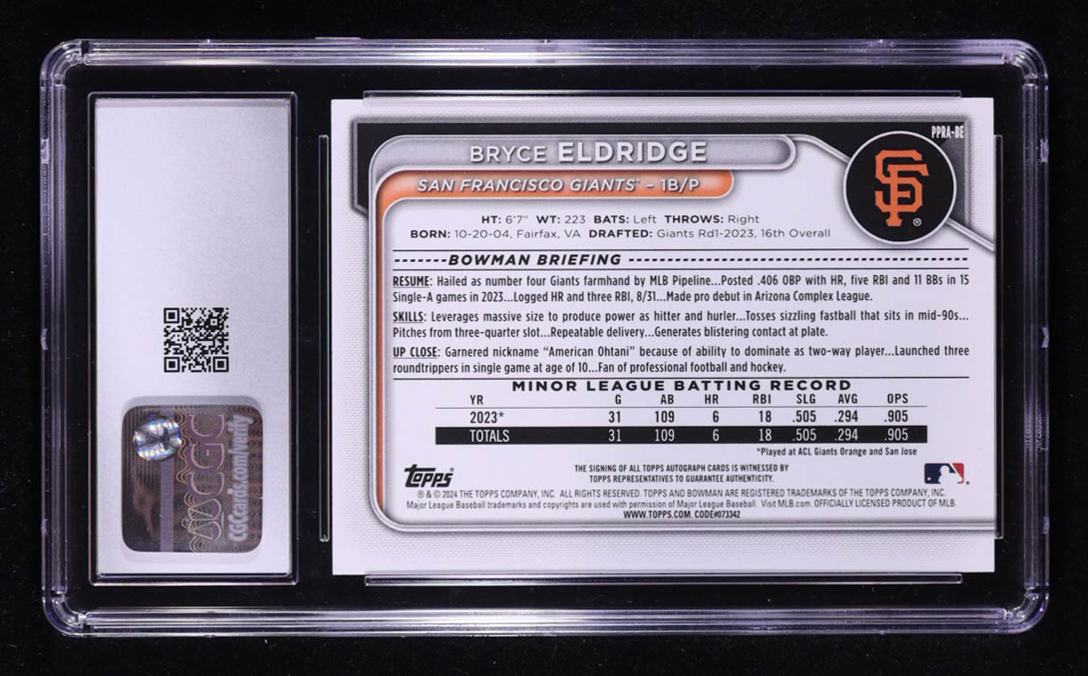 Bryce Eldridge 2024 Bowman Prospect Autographs #PPRA-BE RC (CGC 9 | Autograph Graded 10) at PristineAuction.com Bryce Eldridge 2024 Bowman Prospect Autographs #PPRA-BE RC (CGC 9 | Autograph Graded 10) at PristineAuction.com