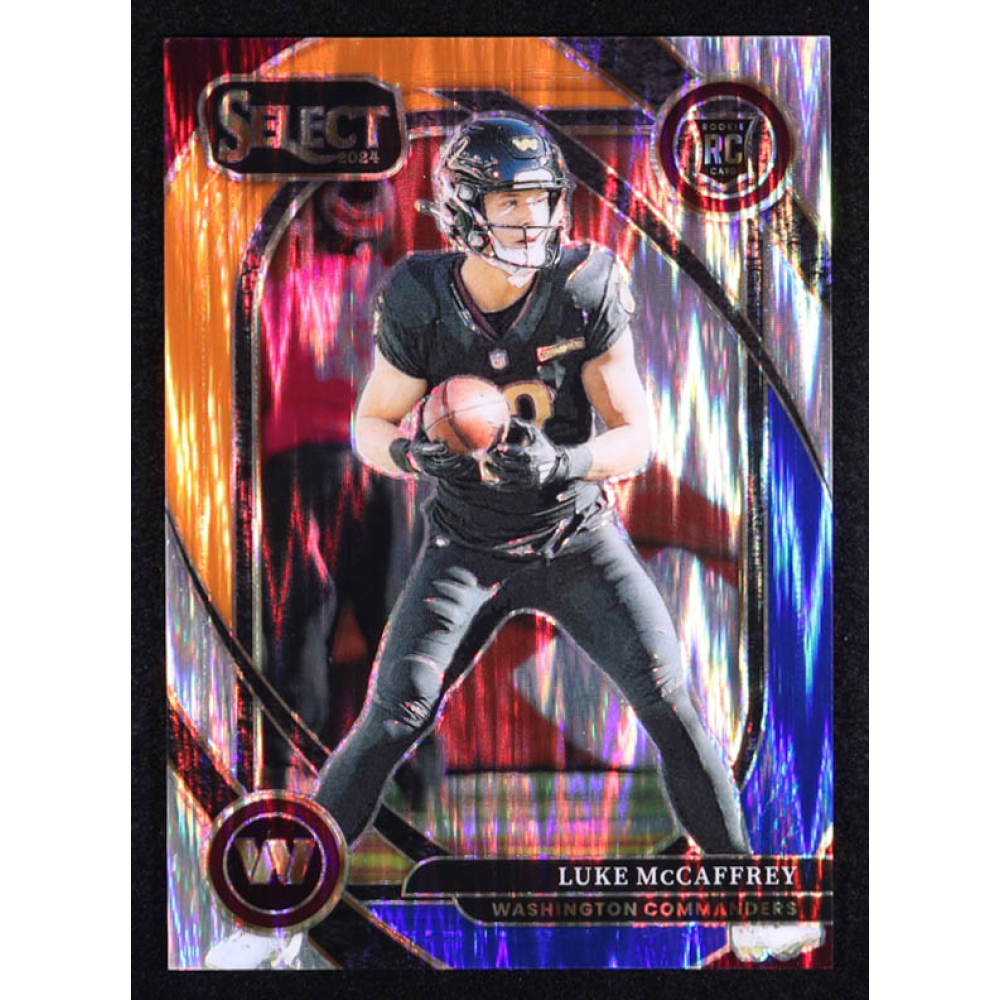 Luke McCaffrey 2024 Select Prizm Blue and Orange Shock #279 RC #22/35 at PristineAuction.com