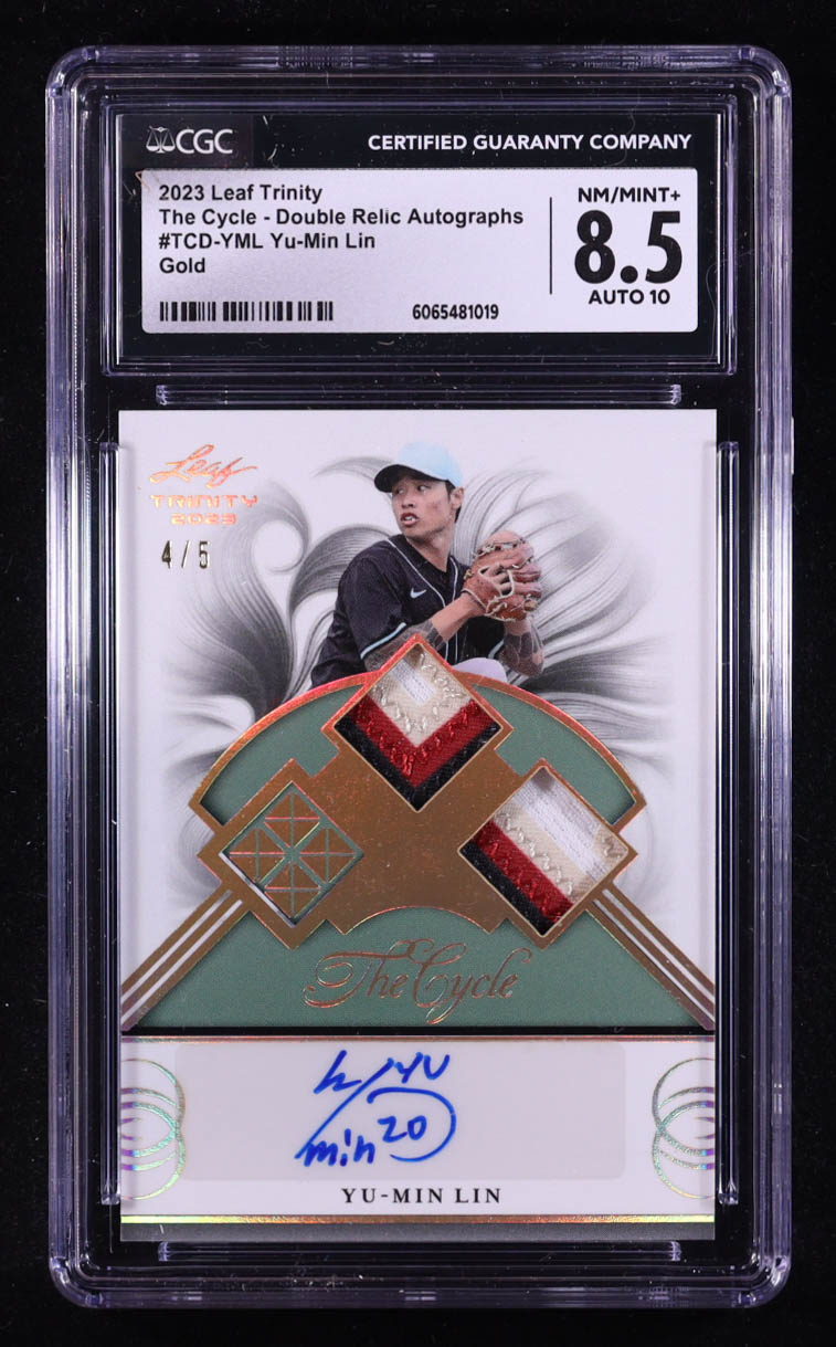 Yu-Min Lin 2023 Leaf Trinity The Cycle Double Relic Autographs Gold #TCD-YML #4/5 (CGC 8.5 | Auto 10) at PristineAuction.com Yu-Min Lin 2023 Leaf Trinity The Cycle Double Relic Autographs Gold #TCD-YML #4/5 (CGC 8.5 | Auto 10) at PristineAuction.com