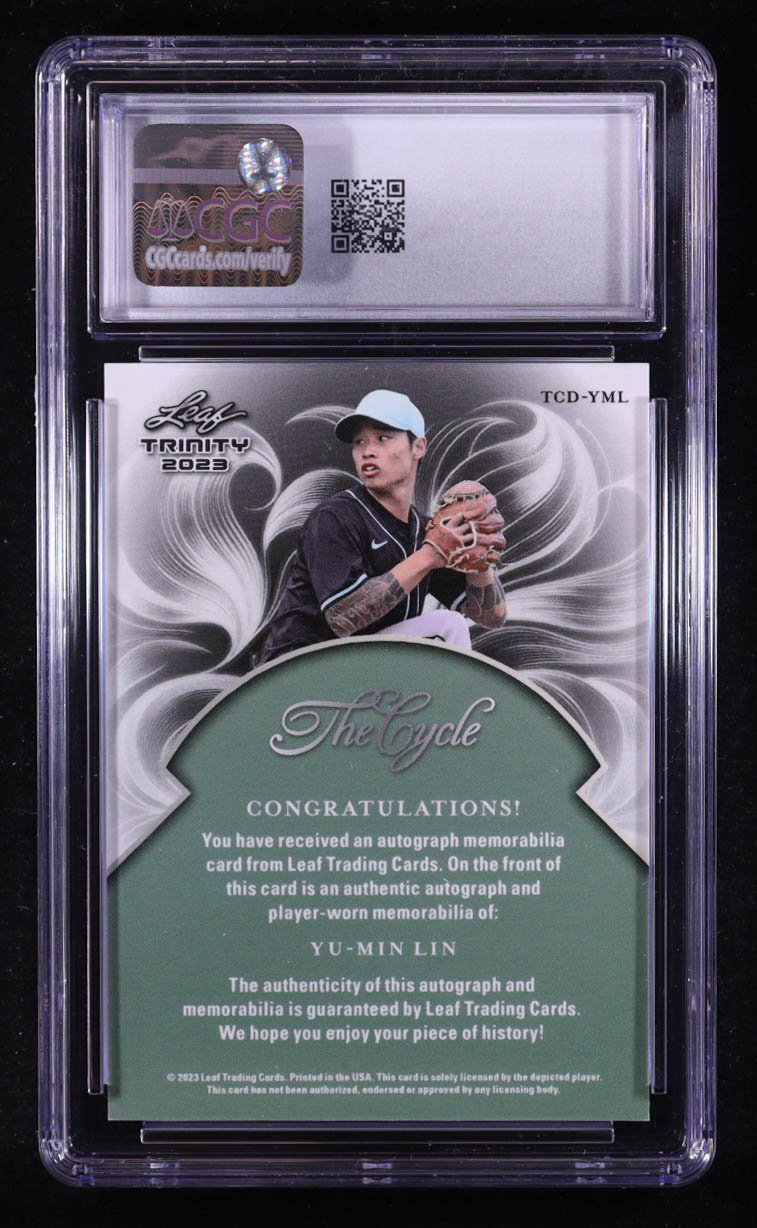 Yu-Min Lin 2023 Leaf Trinity The Cycle Double Relic Autographs Gold #TCD-YML #4/5 (CGC 8.5 | Auto 10) at PristineAuction.com Yu-Min Lin 2023 Leaf Trinity The Cycle Double Relic Autographs Gold #TCD-YML #4/5 (CGC 8.5 | Auto 10) at PristineAuction.com
