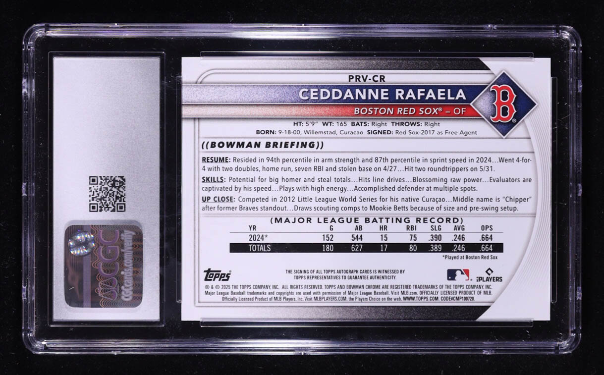 Ceddane Rafaela 2025 Bowman Paper Rookies & Veterans Autos Blue #PRV-CR #042/150 (CGC 10 | Autograph Graded 10) at PristineAuction.com Ceddane Rafaela 2025 Bowman Paper Rookies & Veterans Autos Blue #PRV-CR #042/150 (CGC 10 | Autograph Graded 10) at PristineAuction.com
